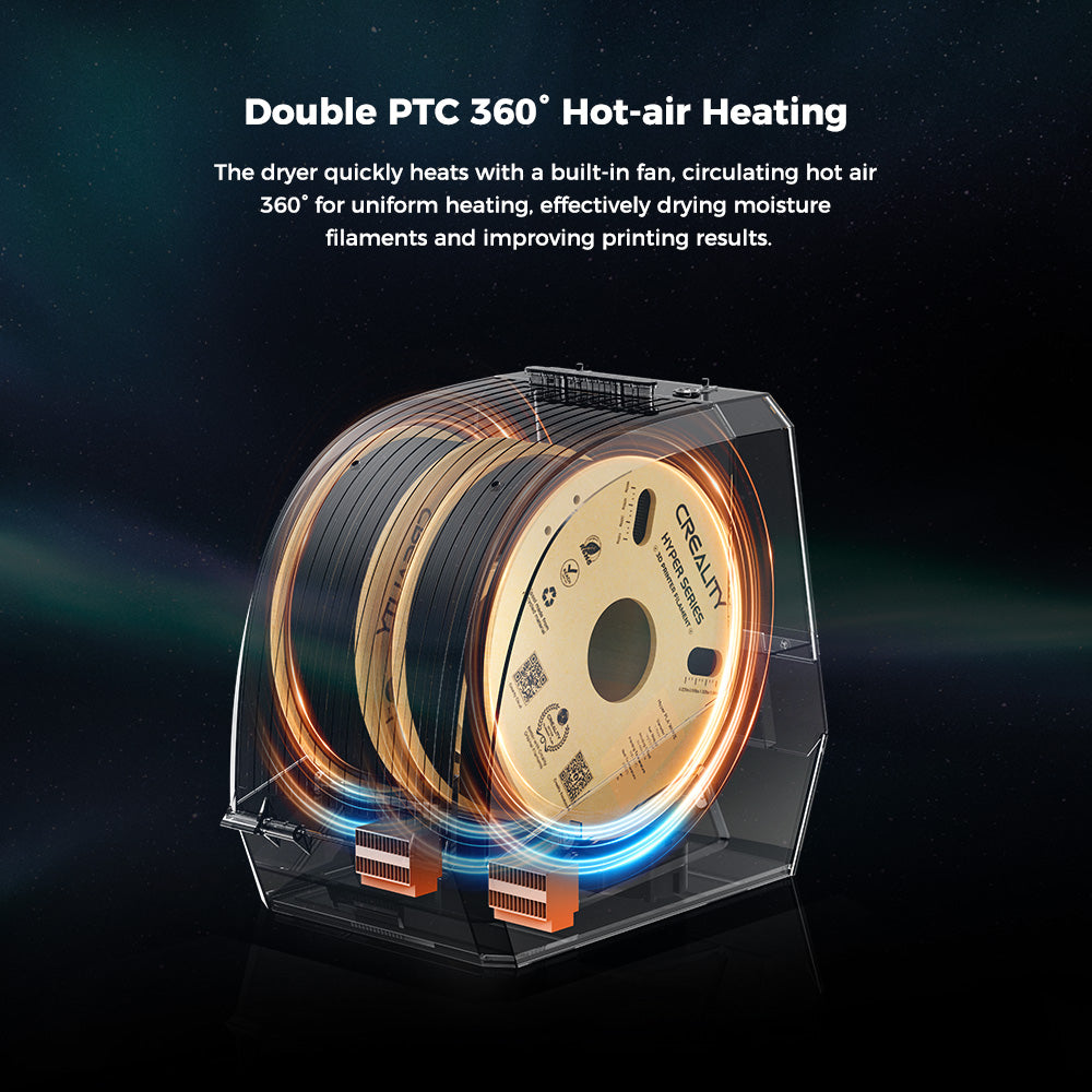 Secador de filamento Creality Space Pi Plus para impresora 3D, capacidad para 2 rollos, calentamiento por aire caliente PTC de 360 grados, temporizador de 48 horas, pantalla táctil LCD.