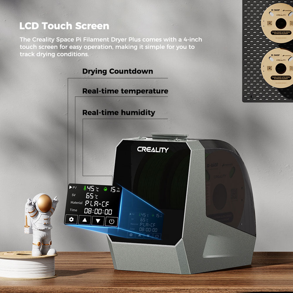 Secador de filamento Creality Space Pi Plus para impresora 3D, capacidad para 2 rollos, calentamiento por aire caliente PTC de 360 grados, temporizador de 48 horas, pantalla táctil LCD.