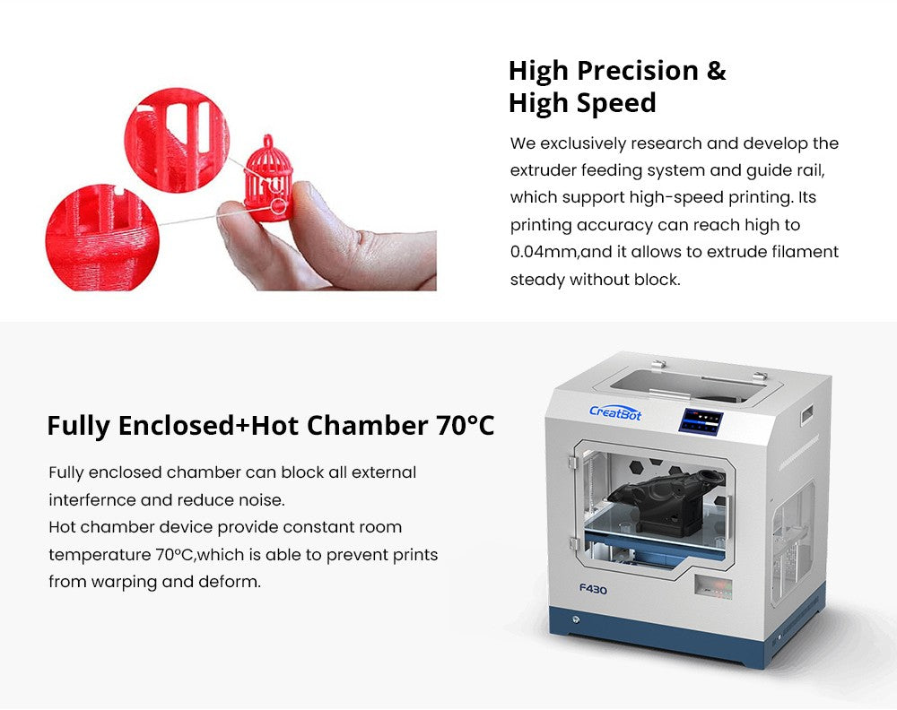 CreatBot F430 3D Printer, Dual Extruder, Auto Leveling, 0.04mm Precision, Max Printing Speed 180 mm/s, Filament Detection, Outage Restore, Fully Enclosed, Glass Ceramic Platform, 400*300*300mm