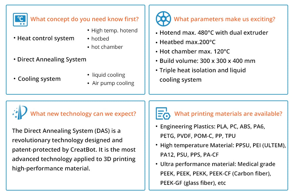 CreatBot PEEK-300 3D Printer, Auto-Leveling, Auto-Rising Dual Extruders, 10-120mm/s Print Speed, Direct Annealing System, Air Pump/Water Cooling, Single Extrusion Volume 300x300x400mm, Dual Extrusion Volume 240x300x400mm
