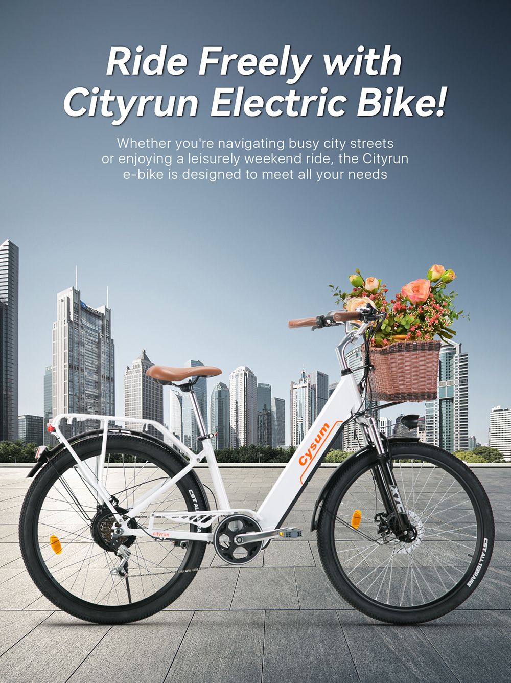 Bicicleta eléctrica urbana CYSUM Cityrun-26 Step-Thru, rueda de 26 pulgadas, motor de 250 W, batería de 36 V y 10 Ah, velocidad máxima de 25 km/h, autonomía de 30-50 km, cambio SHIMANO de 7 velocidades, doble freno de disco - Blanca