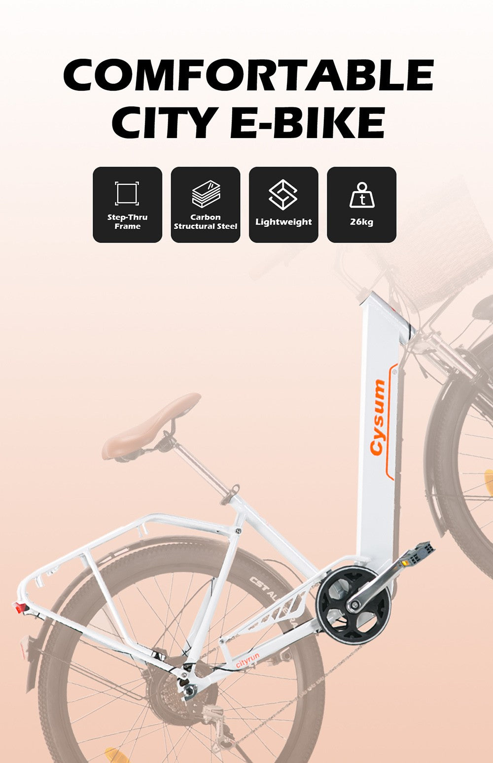 Bicicleta eléctrica urbana CYSUM Cityrun-26 Step-Thru, rueda de 26 pulgadas, motor de 250 W, batería de 36 V y 10 Ah, velocidad máxima de 25 km/h, autonomía de 30-50 km, cambio SHIMANO de 7 velocidades, doble freno de disco - Blanca