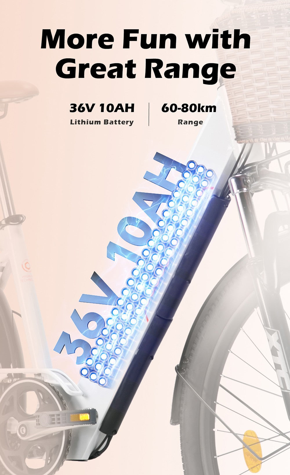 Bicicleta eléctrica urbana CYSUM Cityrun-26 Step-Thru, rueda de 26 pulgadas, motor de 250 W, batería de 36 V y 10 Ah, velocidad máxima de 25 km/h, autonomía de 30-50 km, cambio SHIMANO de 7 velocidades, doble freno de disco - Blanca