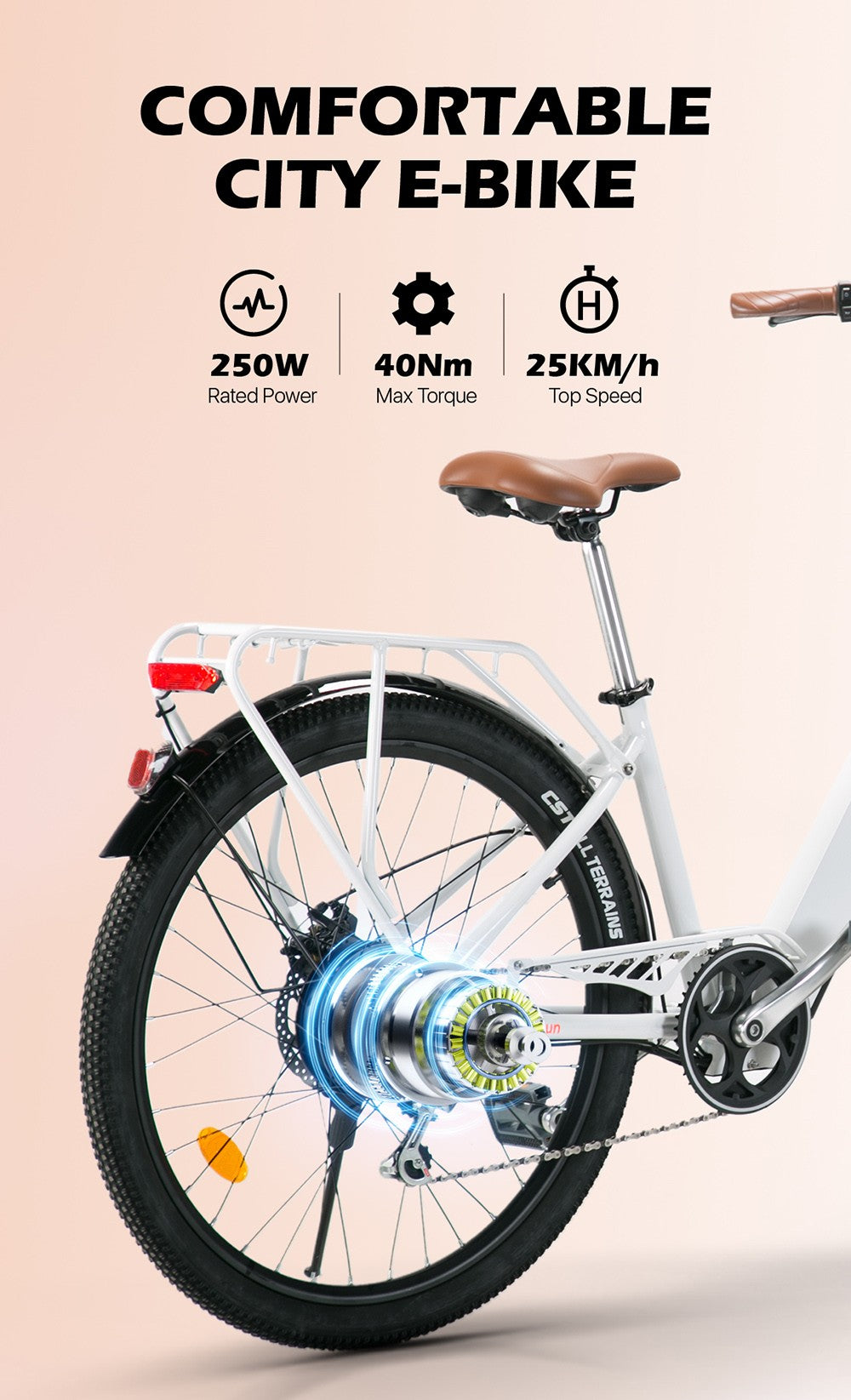 Bicicleta eléctrica urbana CYSUM Cityrun-26 Step-Thru, rueda de 26 pulgadas, motor de 250 W, batería de 36 V y 10 Ah, velocidad máxima de 25 km/h, autonomía de 30-50 km, cambio SHIMANO de 7 velocidades, doble freno de disco - Blanca