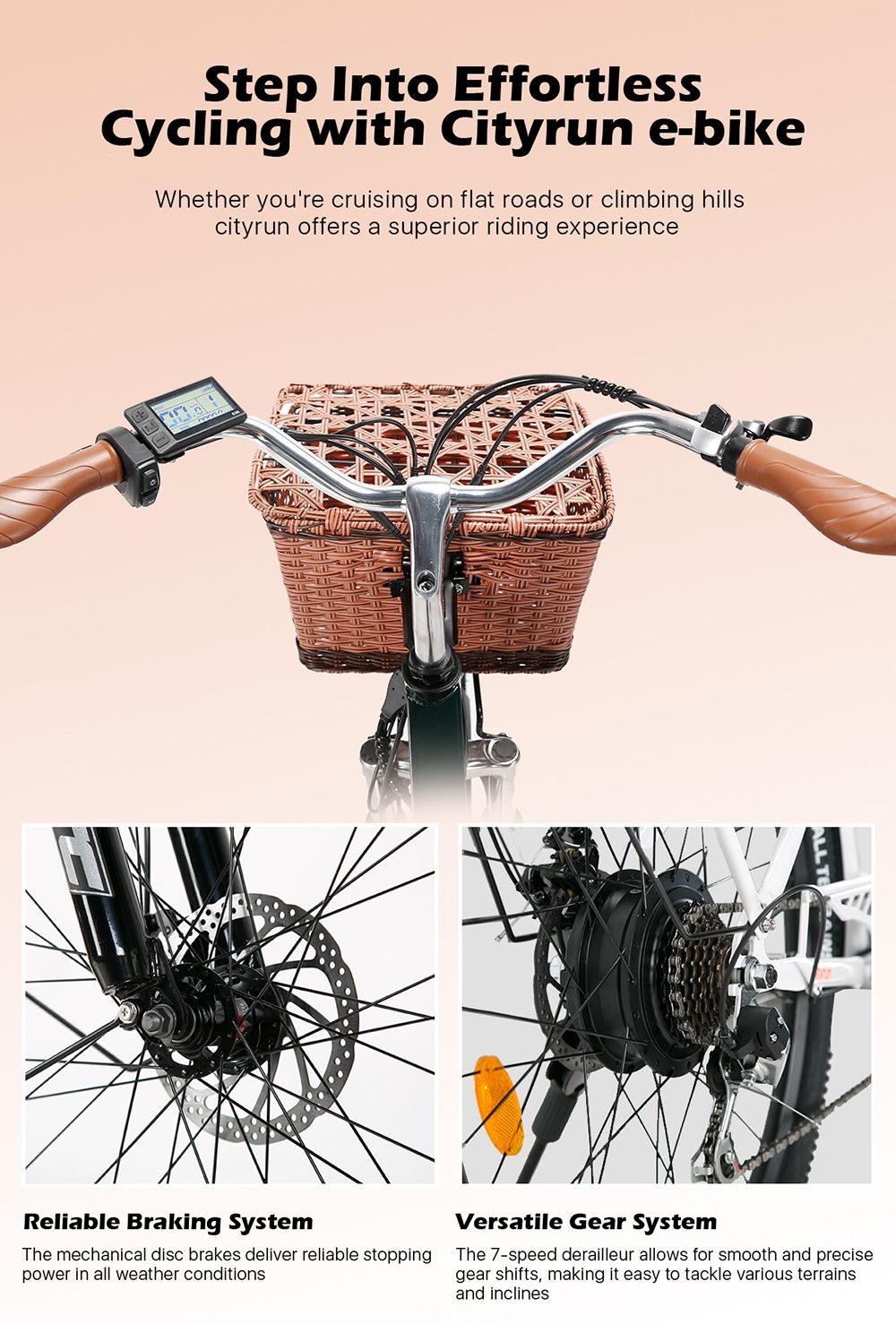 Bicicleta eléctrica urbana CYSUM Cityrun-26 Step-Thru, rueda de 26 pulgadas, motor de 250 W, batería de 36 V y 10 Ah, velocidad máxima de 25 km/h, autonomía de 30-50 km, cambio SHIMANO de 7 velocidades, doble freno de disco - Blanca