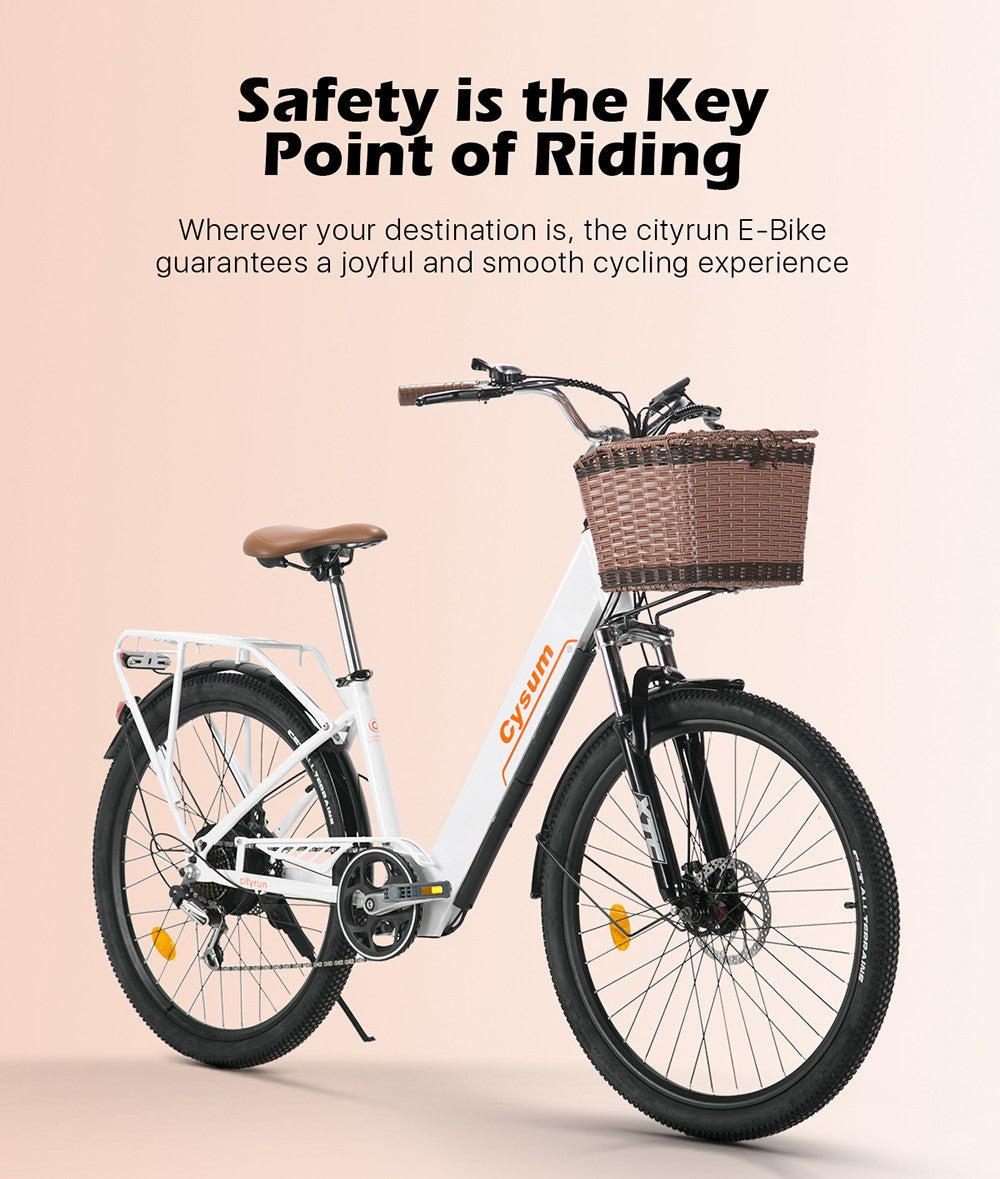 Bicicleta eléctrica urbana CYSUM Cityrun-26 Step-Thru, rueda de 26 pulgadas, motor de 250 W, batería de 36 V y 10 Ah, velocidad máxima de 25 km/h, autonomía de 30-50 km, cambio SHIMANO de 7 velocidades, doble freno de disco - Blanca