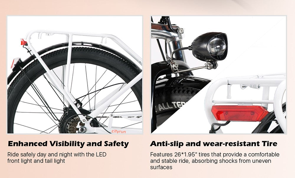 Bicicleta eléctrica urbana CYSUM Cityrun-26 Step-Thru, rueda de 26 pulgadas, motor de 250 W, batería de 36 V y 10 Ah, velocidad máxima de 25 km/h, autonomía de 30-50 km, cambio SHIMANO de 7 velocidades, doble freno de disco - Blanca