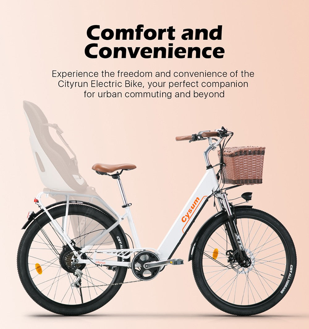Bicicleta eléctrica urbana CYSUM Cityrun-26 Step-Thru, rueda de 26 pulgadas, motor de 250 W, batería de 36 V y 10 Ah, velocidad máxima de 25 km/h, autonomía de 30-50 km, cambio SHIMANO de 7 velocidades, doble freno de disco - Blanca