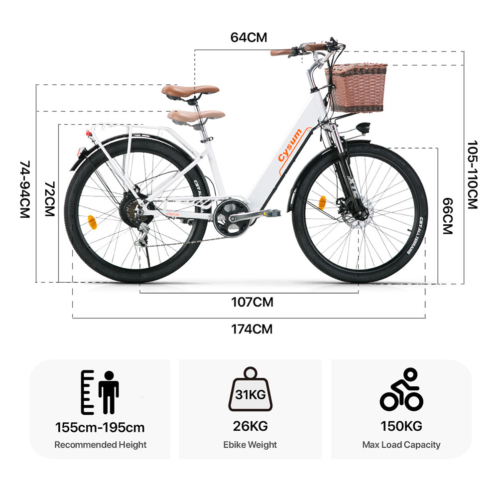 Bicicleta eléctrica urbana CYSUM Cityrun-26 Step-Thru, rueda de 26 pulgadas, motor de 250 W, batería de 36 V y 10 Ah, velocidad máxima de 25 km/h, autonomía de 30-50 km, cambio SHIMANO de 7 velocidades, doble freno de disco - Blanca