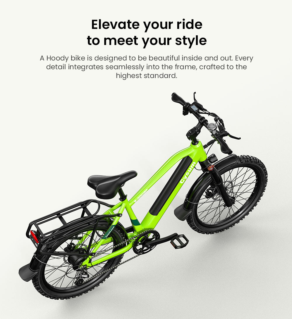 Bicicleta eléctrica para adolescentes CYSUM Hoody, motor de 250 W, batería de 36 V y 10 Ah, velocidad máxima de 35 km/h, autonomía máxima de 55 km, neumáticos de 24 x 2,1 pulgadas, Shimano de 8 velocidades, pantalla LCD, faros LED.