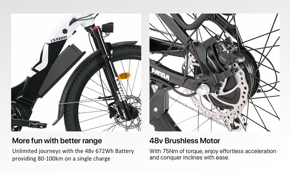 Cysum Panda Elektrofahrrad, 500-W-Motor, 48-V-14-Ah-Akku, 27,5 x 2,2-Zoll-Reifen, 40 km/h Höchstgeschwindigkeit, 100 km Reichweite, hydraulische Scheibenbremse, Federgabel, SHIMANO 7-Gang-Schaltung, LCD-Display