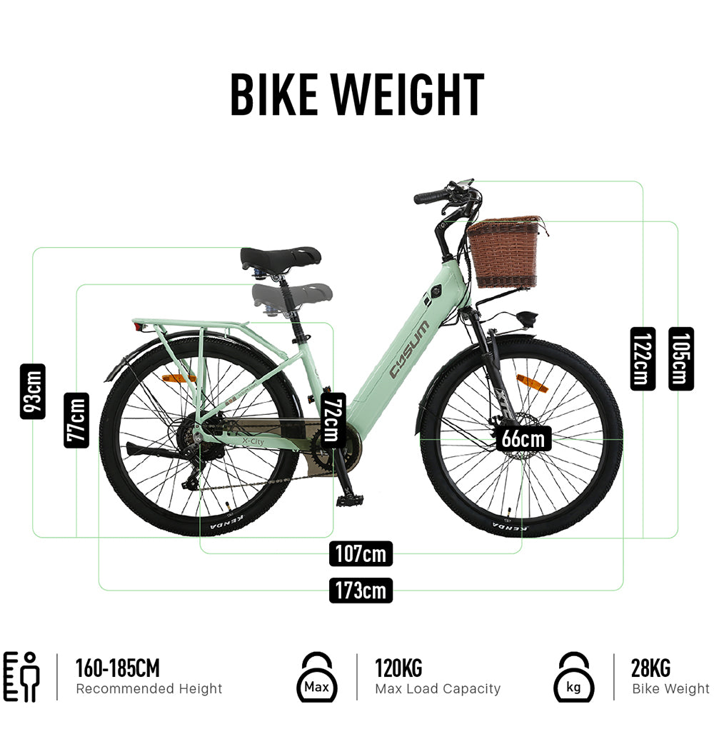 Bicicleta eléctrica CYSUM X-city, motor de 250 W, batería de 48 V y 10,4 Ah, neumáticos de 26 x 1,95 pulgadas, velocidad máxima de 25 km/h, autonomía de 80 km, freno de disco mecánico, Shimano de 7 velocidades, pantalla LCD - Verde