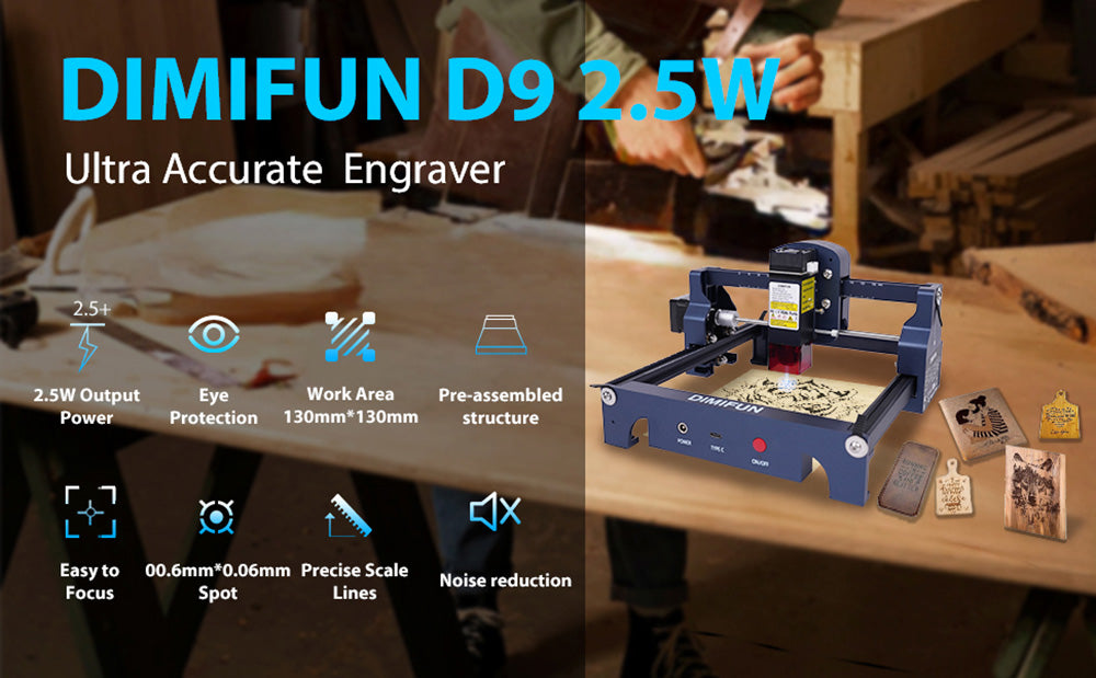 Máquina de grabado láser portátil DIMIFUN D9 A25 de 2,5 W, protección ocular, velocidad de 10000 mm/min, punto de 0,06 mm, 130 x 130 mm, reducción de ruido.