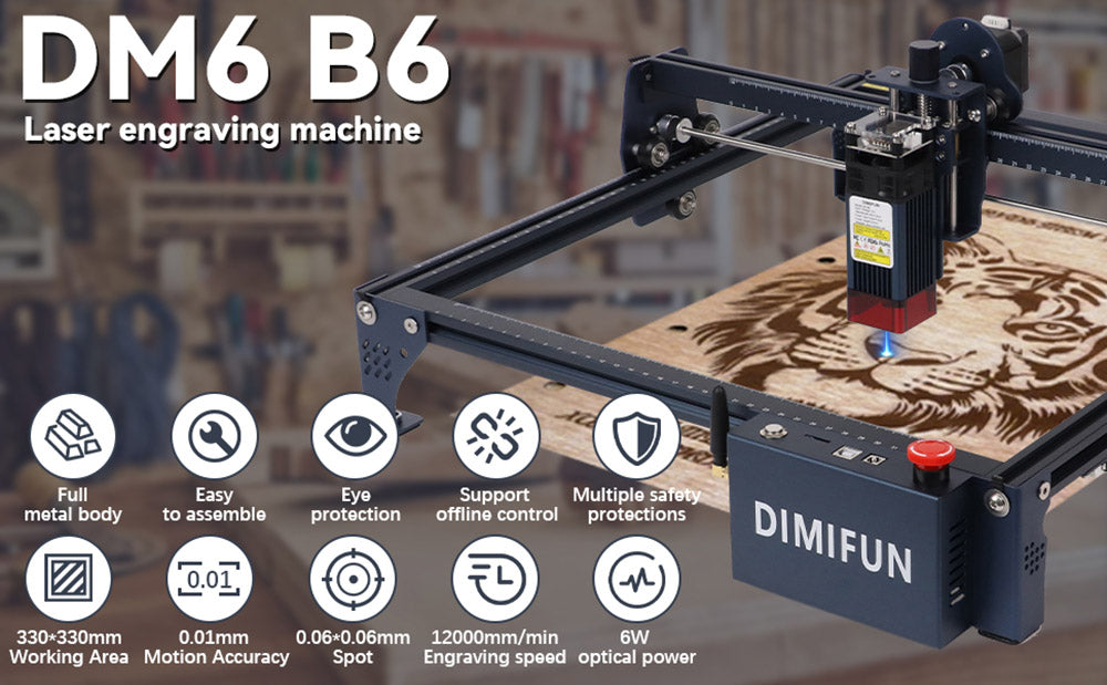Máquina de grabado láser DIMIFUN DM6 B6 de 6 W, protección ocular, precisión de 0,01 mm, punto de 0,06 mm, velocidad de 12000 mm/min, 330 x 330 mm.