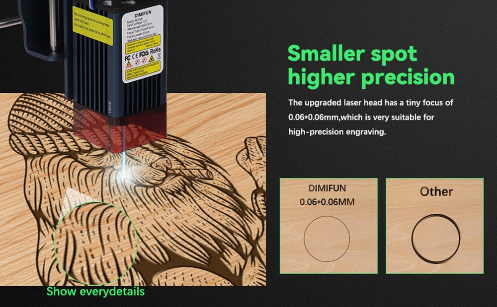 Máquina de grabado láser DIMIFUN DM6 B6 de 6 W, protección ocular, precisión de 0,01 mm, punto de 0,06 mm, velocidad de 12000 mm/min, 330 x 330 mm.