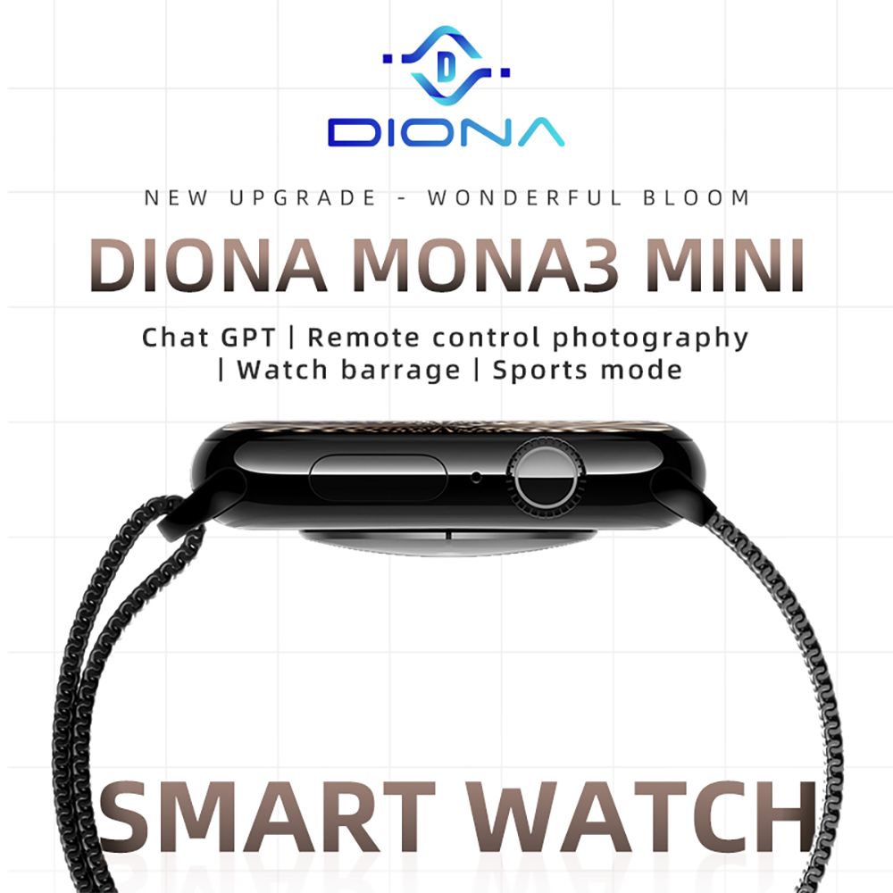 Diona MONA3 Mini Smartwatch, 2.10-inch Screen, Health & Sleep Monitoring, Bluetooth Calling, Multiple Sport Modes, Voice Assistant - Black