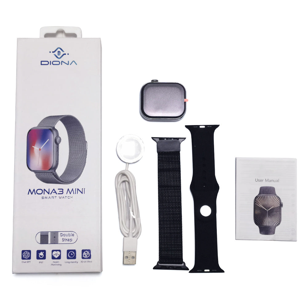 DIONA MONA3 Mini Smartwatch, 2.1-inch Screen, Health &amp; Sleep Monitoring, Bluetooth Calling, Multiple Sports Modes, Voice Assistant - Black