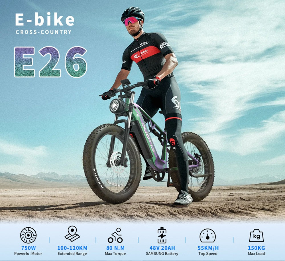 DUOTTS E26 Elektrofahrrad, 750-W-Motor, 48-V-20-Ah-Akku, 26 x 4,0-Zoll-Reifen, 55 km/h Höchstgeschwindigkeit, 120 km Reichweite, hydraulische Scheibenbremsen, Vorder- und Hinterradfederung, Shimano 8-Gang-Schaltung – Grün/Lila