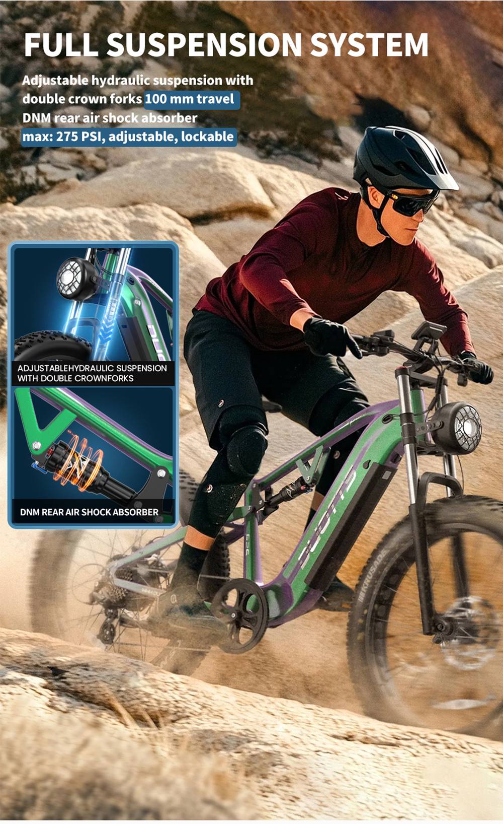 DUOTTS E26 Elektrofahrrad, 750-W-Motor, 48-V-20-Ah-Akku, 26 x 4,0-Zoll-Reifen, 55 km/h Höchstgeschwindigkeit, 120 km Reichweite, hydraulische Scheibenbremsen, Vorder- und Hinterradfederung, Shimano 8-Gang-Schaltung – Grün/Lila