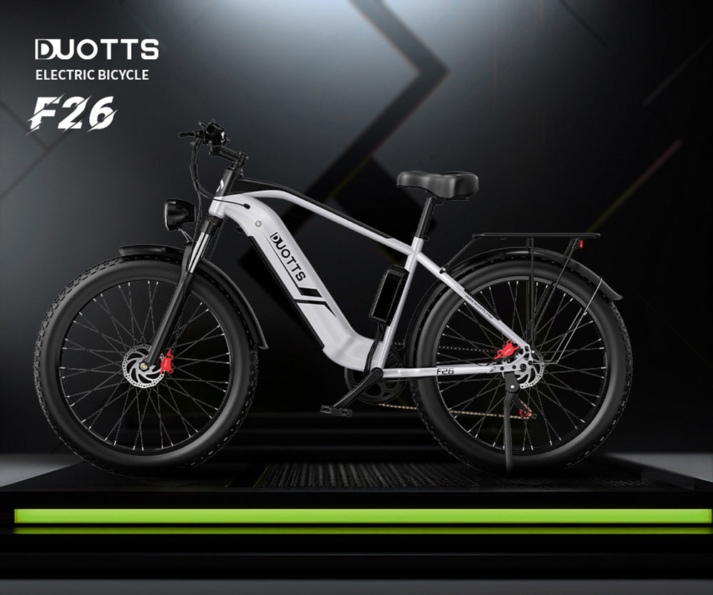 DUOTTS F26 Elektro-Mountainbike, 750W*2 Dualmotoren, 48V 20Ah Akku, 26*4,0 Zoll Fatbike-Reifen, 55 km/h Höchstgeschwindigkeit, 55° Steigfähigkeit, intelligentes Farbdisplay, Doppelscheibenbremsen, Federgabel vorne, 150 kg maximale Zuladung, 100 km Reichweite – Silber
