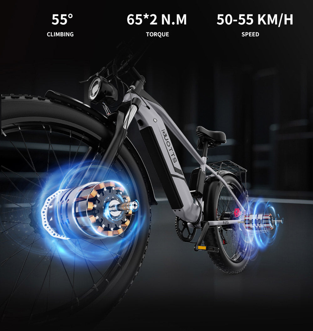 DUOTTS F26 Elektro-Mountainbike, 750W*2 Dualmotoren, 48V 20Ah Akku, 26*4,0 Zoll Fatbike-Reifen, 55 km/h Höchstgeschwindigkeit, 55° Steigfähigkeit, intelligentes Farbdisplay, Doppelscheibenbremsen, Federgabel vorne, 150 kg maximale Zuladung, 100 km Reichweite – Silber