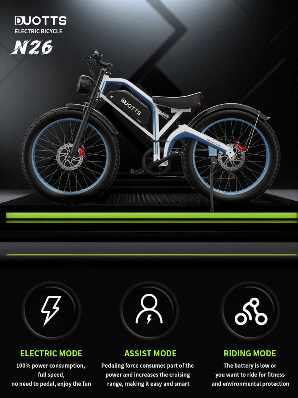 Bicicleta Eléctrica DUOTTS N26, Motores de 750W*2, Velocidad Máxima de 55km/h, 26*4.0