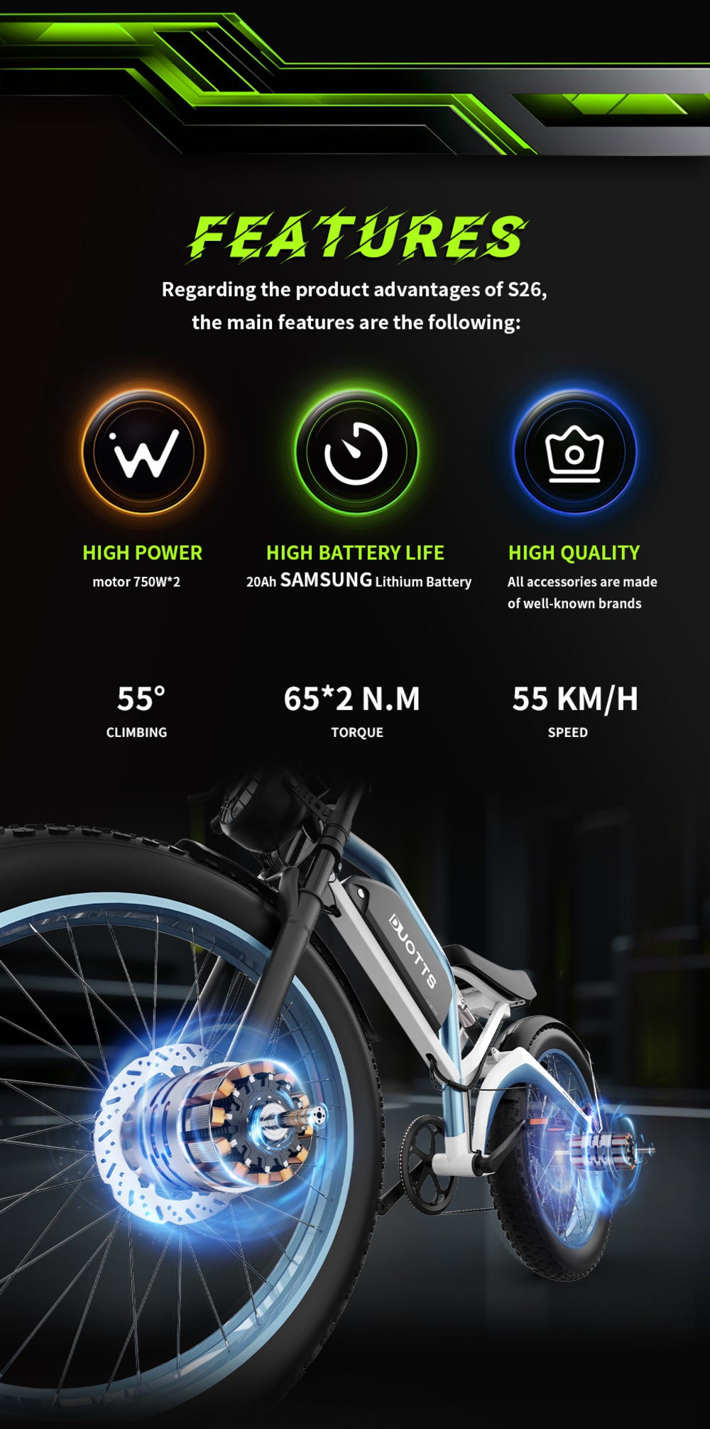 Bicicleta Eléctrica DUOTTS N26, Motores de 750W*2, Velocidad Máxima de 55km/h, 26*4.0
