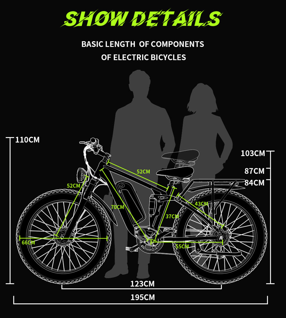Bicicleta Eléctrica DUOTTS S26, Motores 750W*2, Velocidad Máxima 50km/h, Neumáticos Inflables Gruesos de 26*4.0 pulgadas, Batería LG 48V 19.2Ah, Autonomía 120km, Shimano 7 Velocidades, Carga Máxima 150kg