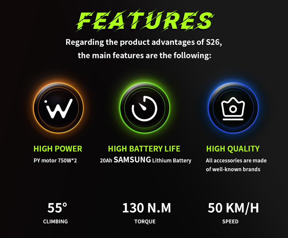 Bicicleta Eléctrica DUOTTS S26, Motores 750W*2, Velocidad Máxima 50km/h, Neumáticos Inflables Gruesos de 26*4.0 pulgadas, Batería LG 48V 19.2Ah, Autonomía 120km, Shimano 7 Velocidades, Carga Máxima 150kg
