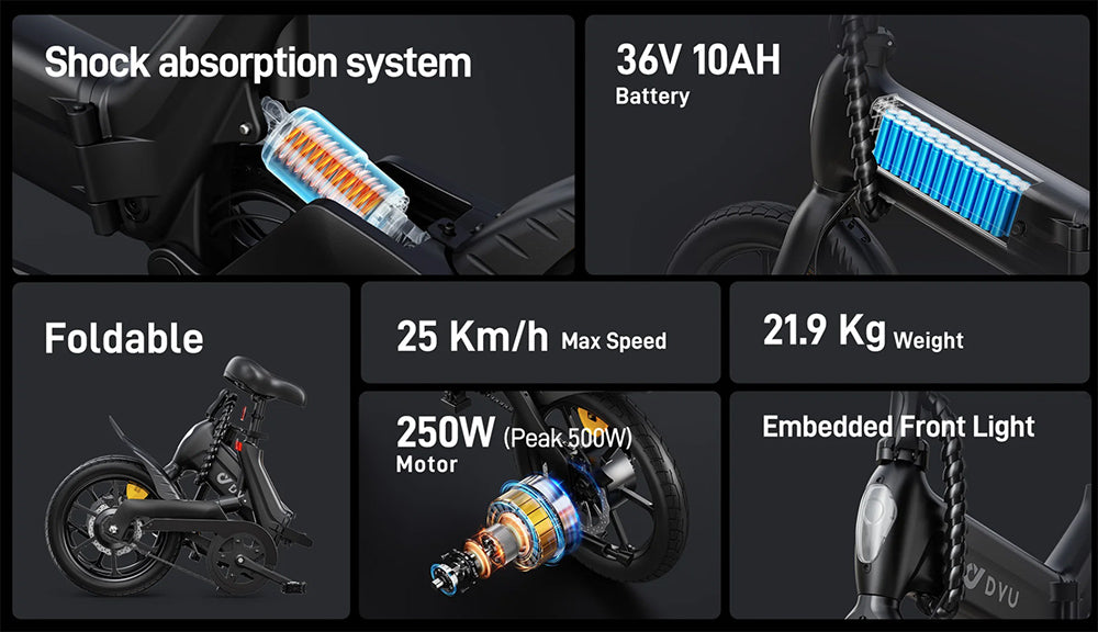 DYU A16 Elektrofahrrad, 250-W-Motor, 36-V-10-Ah-Akku, 16-Zoll-Reifen, 25 km/h Höchstgeschwindigkeit, 55 km Reichweite, Doppelscheibenbremsen – Schwarz
