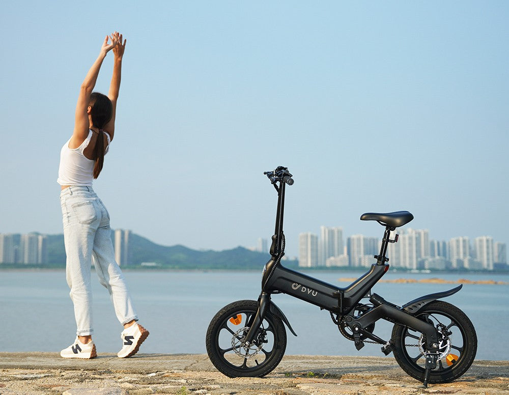DYU A16 Elektrofahrrad, 250-W-Motor, 36-V-10-Ah-Akku, 16-Zoll-Reifen, 25 km/h Höchstgeschwindigkeit, 55 km Reichweite, Doppelscheibenbremsen – Schwarz