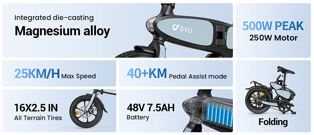DYU C2 Elektrofahrrad, 250-W-Motor, 48-V-7,5-Ah-Akku, 16 x 2,5-Zoll-Reifen, 25 km/h Höchstgeschwindigkeit, 40 km Reichweite, Doppelscheibenbremsen, LED-Display