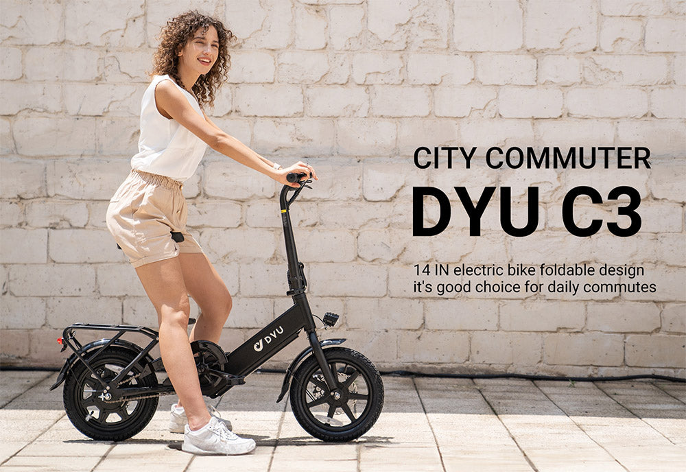 Bicicleta eléctrica plegable DYU C3, motor de 250 W, batería de 36 V y 7,5 Ah, neumáticos de 14 pulgadas, velocidad máxima de 25 km/h, autonomía de 37 km, frenos de disco delanteros y traseros.