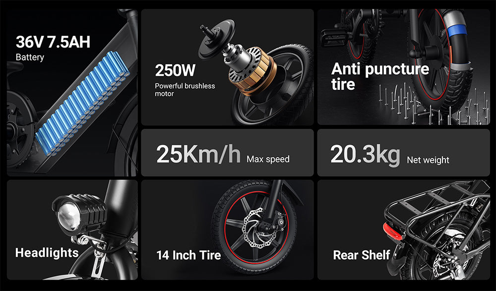 Bicicleta eléctrica plegable DYU C3, motor de 250 W, batería de 36 V y 7,5 Ah, neumáticos de 14 pulgadas, velocidad máxima de 25 km/h, autonomía de 37 km, frenos de disco delanteros y traseros.