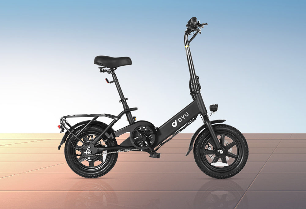 Bicicleta eléctrica plegable DYU C3, motor de 250 W, batería de 36 V y 7,5 Ah, neumáticos de 14 pulgadas, velocidad máxima de 25 km/h, autonomía de 37 km, frenos de disco delanteros y traseros.