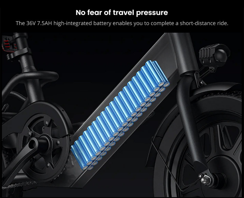 Bicicleta eléctrica plegable DYU C3, motor de 250 W, batería de 36 V y 7,5 Ah, neumáticos de 14 pulgadas, velocidad máxima de 25 km/h, autonomía de 37 km, frenos de disco delanteros y traseros.