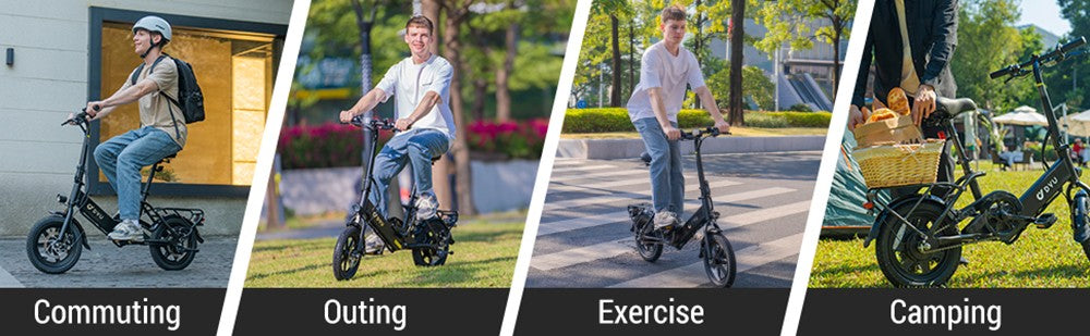 Bicicleta eléctrica plegable DYU C3, motor de 250 W, batería de 36 V y 7,5 Ah, neumáticos de 14 pulgadas, velocidad máxima de 25 km/h, autonomía de 37 km, frenos de disco delanteros y traseros.