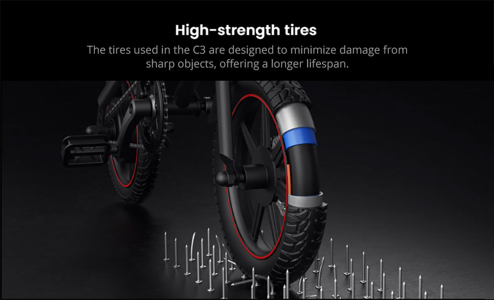 Bicicleta eléctrica plegable DYU C3, motor de 250 W, batería de 36 V y 7,5 Ah, neumáticos de 14 pulgadas, velocidad máxima de 25 km/h, autonomía de 37 km, frenos de disco delanteros y traseros.