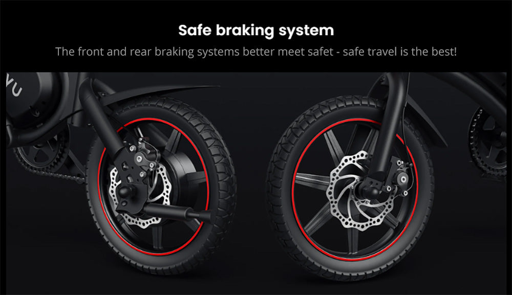 Bicicleta eléctrica plegable DYU C3, motor de 250 W, batería de 36 V y 7,5 Ah, neumáticos de 14 pulgadas, velocidad máxima de 25 km/h, autonomía de 37 km, frenos de disco delanteros y traseros.