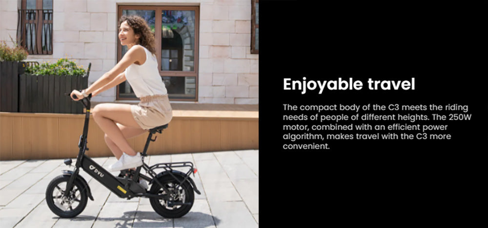 Bicicleta eléctrica plegable DYU C3, motor de 250 W, batería de 36 V y 7,5 Ah, neumáticos de 14 pulgadas, velocidad máxima de 25 km/h, autonomía de 37 km, frenos de disco delanteros y traseros.