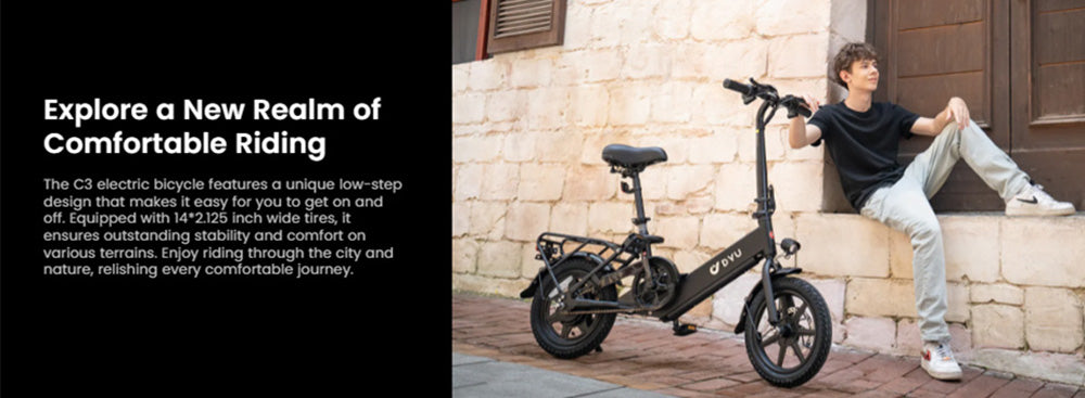 Bicicleta eléctrica plegable DYU C3, motor de 250 W, batería de 36 V y 7,5 Ah, neumáticos de 14 pulgadas, velocidad máxima de 25 km/h, autonomía de 37 km, frenos de disco delanteros y traseros.