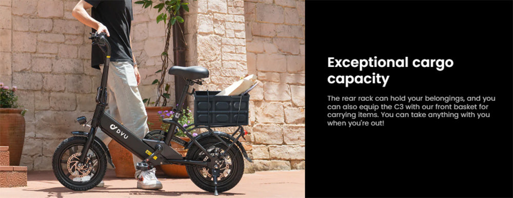 Bicicleta eléctrica plegable DYU C3, motor de 250 W, batería de 36 V y 7,5 Ah, neumáticos de 14 pulgadas, velocidad máxima de 25 km/h, autonomía de 37 km, frenos de disco delanteros y traseros.