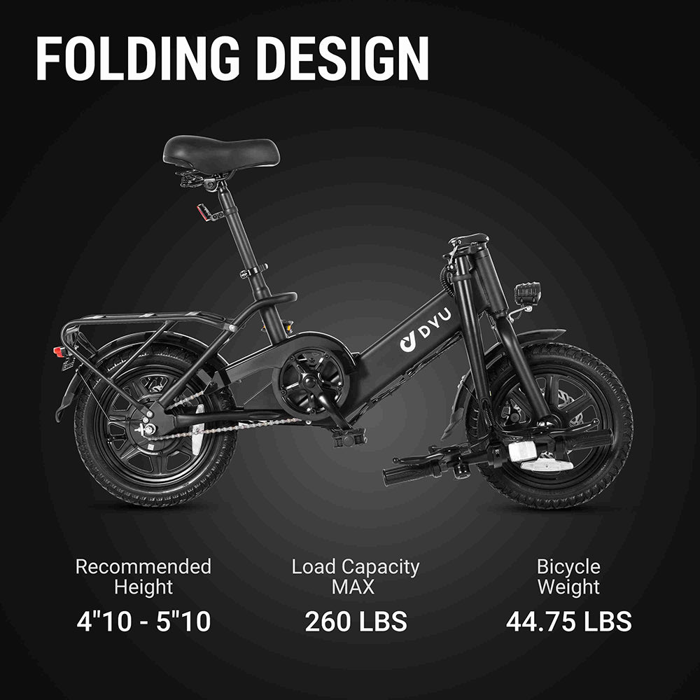 Bicicleta eléctrica plegable DYU C3, motor de 250 W, batería de 36 V y 7,5 Ah, neumáticos de 14 pulgadas, velocidad máxima de 25 km/h, autonomía de 37 km, frenos de disco delanteros y traseros.