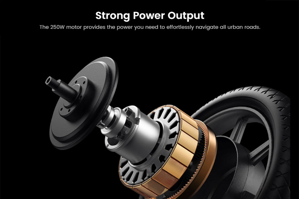 Patinete eléctrico plegable DYU C4, motor de 250 W, batería de 36 V 10 Ah, neumáticos de 14 pulgadas, velocidad máxima de 25 km/h, autonomía de 42 km, frenos de disco delanteros y traseros.