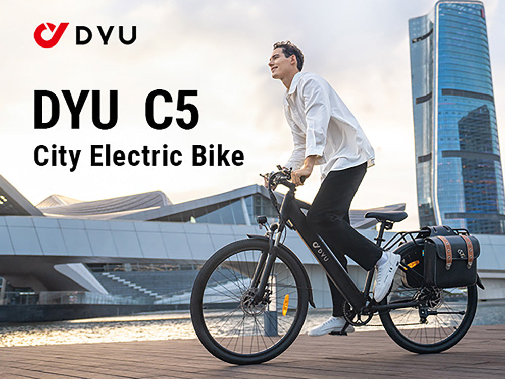 Bicicleta eléctrica DYU C5 City, motor de 250 W, batería de 48 V 10 Ah, neumáticos de 27,5 pulgadas, velocidad máxima de 25 km/h, autonomía de 65 km, frenos de disco dobles, Shimano de 7 velocidades.