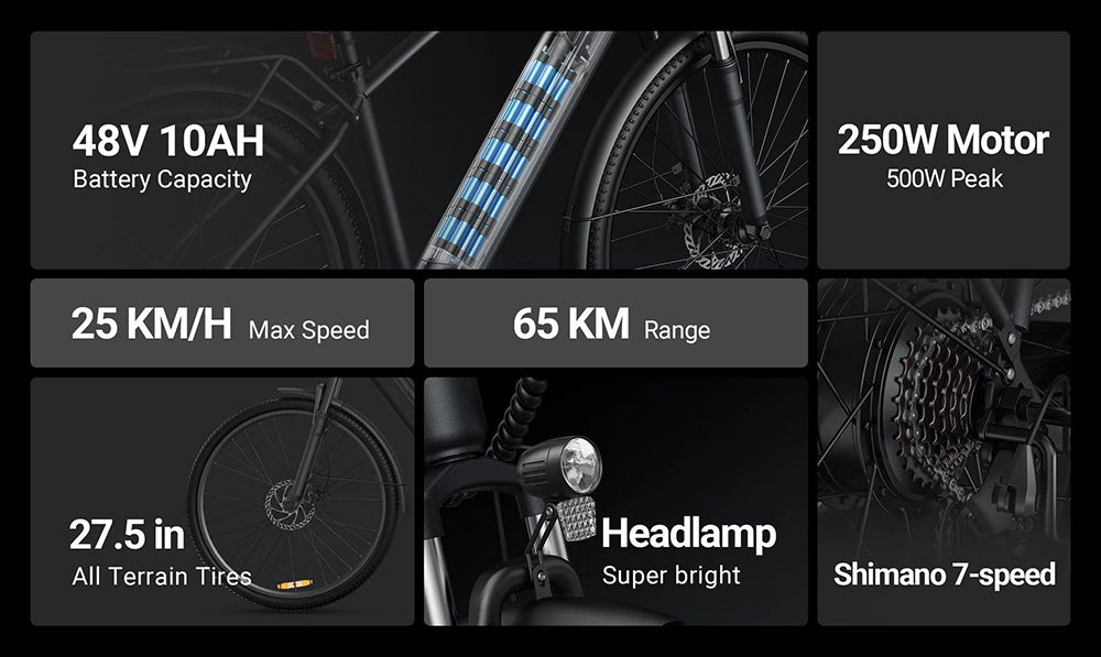 Bicicleta eléctrica DYU C5 City, motor de 250 W, batería de 48 V 10 Ah, neumáticos de 27,5 pulgadas, velocidad máxima de 25 km/h, autonomía de 65 km, frenos de disco dobles, Shimano de 7 velocidades.