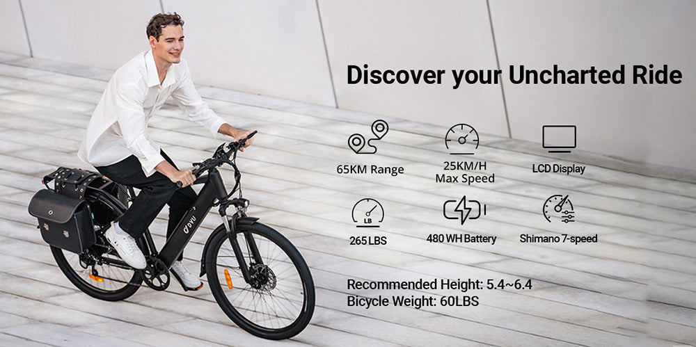 Bicicleta eléctrica DYU C5 City, motor de 250 W, batería de 48 V 10 Ah, neumáticos de 27,5 pulgadas, velocidad máxima de 25 km/h, autonomía de 65 km, frenos de disco dobles, Shimano de 7 velocidades.