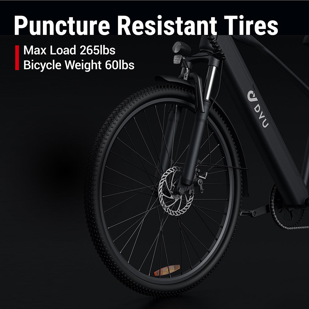 Bicicleta eléctrica DYU C5 City, motor de 250 W, batería de 48 V 10 Ah, neumáticos de 27,5 pulgadas, velocidad máxima de 25 km/h, autonomía de 65 km, frenos de disco dobles, Shimano de 7 velocidades.