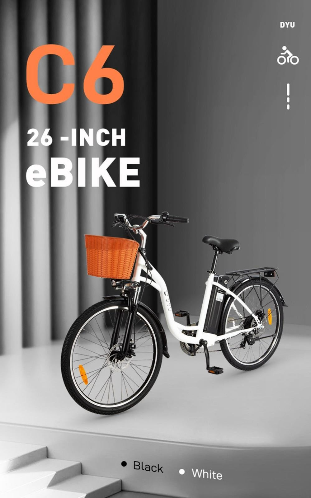 DYU C6 Elektrofahrrad, 350-W-Motor, Höchstgeschwindigkeit 25 km/h, 36-V-12,5-Ah-Akku, maximale Reichweite 70 km – Schwarz