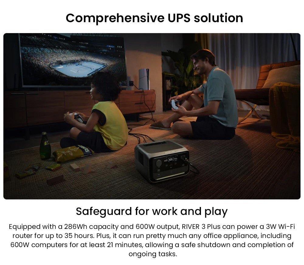 EcoFlow RIVER 3 Plus Tragbare Powerstation, 286 Wh LiFePO4-Akku, 600 W bis 1200 W AC-Ausgangsleistung, 7 Steckdosen, <10 ms USV & <30 dB Geräuschpegel, erweiterbar auf 858 Wh, App-Steuerung, 1-Stunden-Schnelllade-Solargenerator für Camping, Wohnmobile und Zuhause
